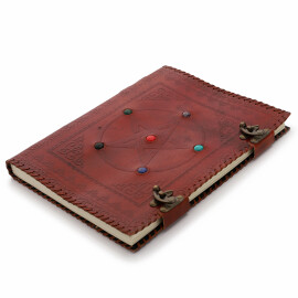 Antikes handgefertigtes ledergebundenes Notizbuch mit geprägtem Pentagramm und sechs Chakra-Steinen